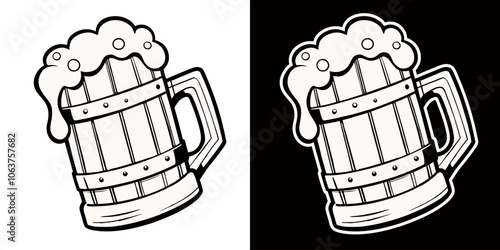 Monochrome illustration presents a wooden beer mug overflowing with frothy beer, depicted in a classic, bold style against both black and white backgrounds