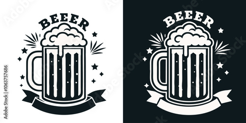 Foamy beer overflowing from a festive mug adorned with a ribbon and stars. Symbolizing celebration and refreshment. Exuding joy and relaxation. Perfect for social gatherings and holiday parties