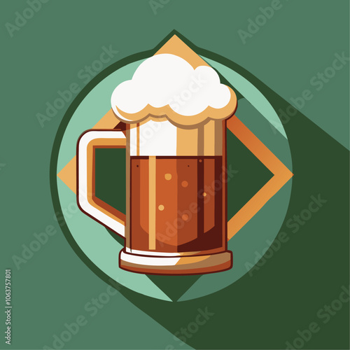 Large glass tankard containing refreshing stout beer with thick white foamy head, set against circular background with diamond shape and long shadow, conveying classic pub or tavern atmosphere