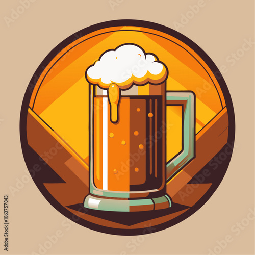 Full glass of beer with overflowing foam, depicted in a round label design, evokes the festive spirit of oktoberfest with its bright colors and inviting presentation