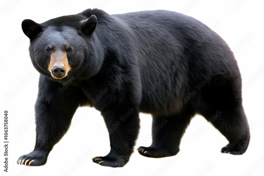 A black bear stands alone against a clean white background, showcasing its distinct features and posture. A black bear stands alone against a clean white background, showcasing its distinct features and posture.