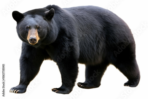 A black bear stands alone against a clean white background, showcasing its distinct features and posture.