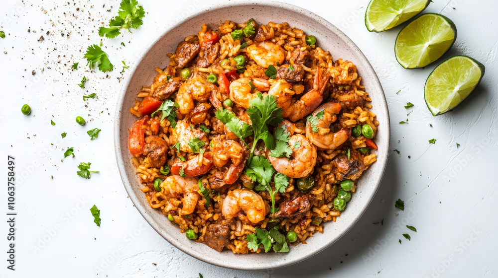 A vibrant dish of shrimp and rice garnished with herbs and lime. A vibrant dish of shrimp and rice garnished with herbs and lime.