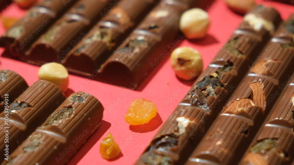Lots of chocolate bars with nuts and raisins on a red background Lots of chocolate bars with nuts and raisins on a red background