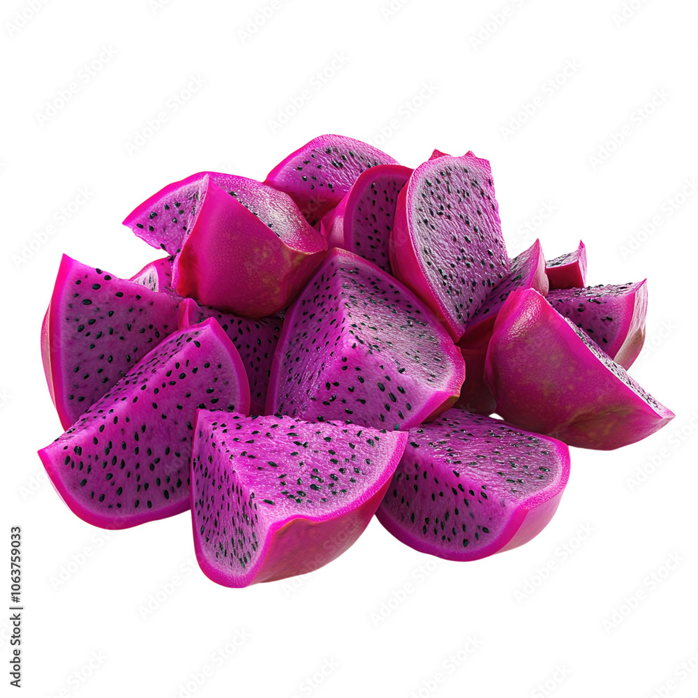 Sliced dragon fruit pieces isolated on a white background. PNG transparent. Sliced dragon fruit pieces isolated on a white background. PNG transparent.