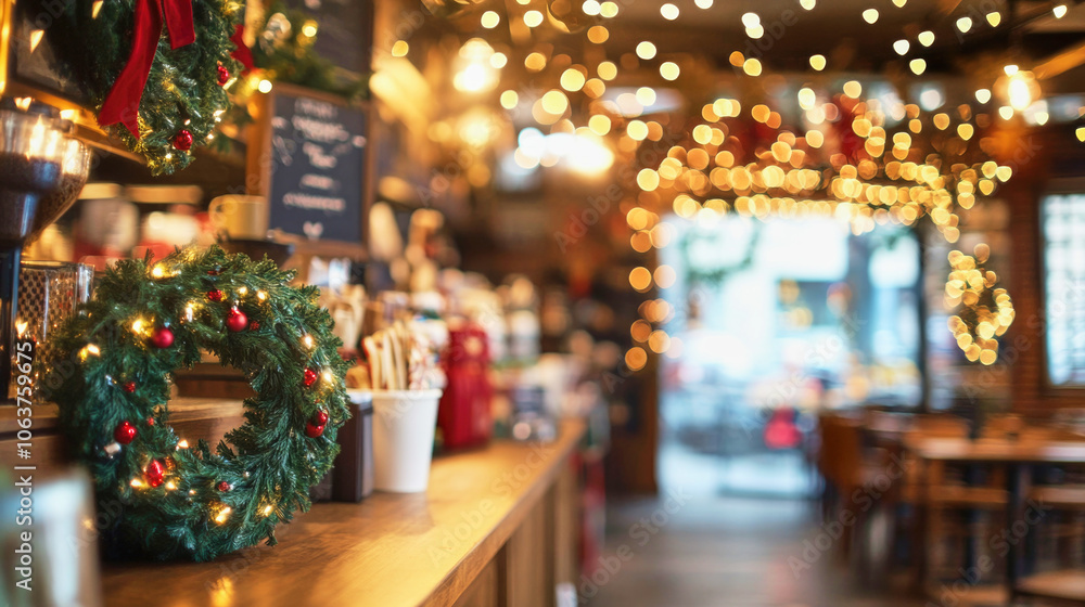 Festive coffee shop interior adorned with Christmas wreaths and twinkling lights Festive coffee shop interior adorned with Christmas wreaths and twinkling lights