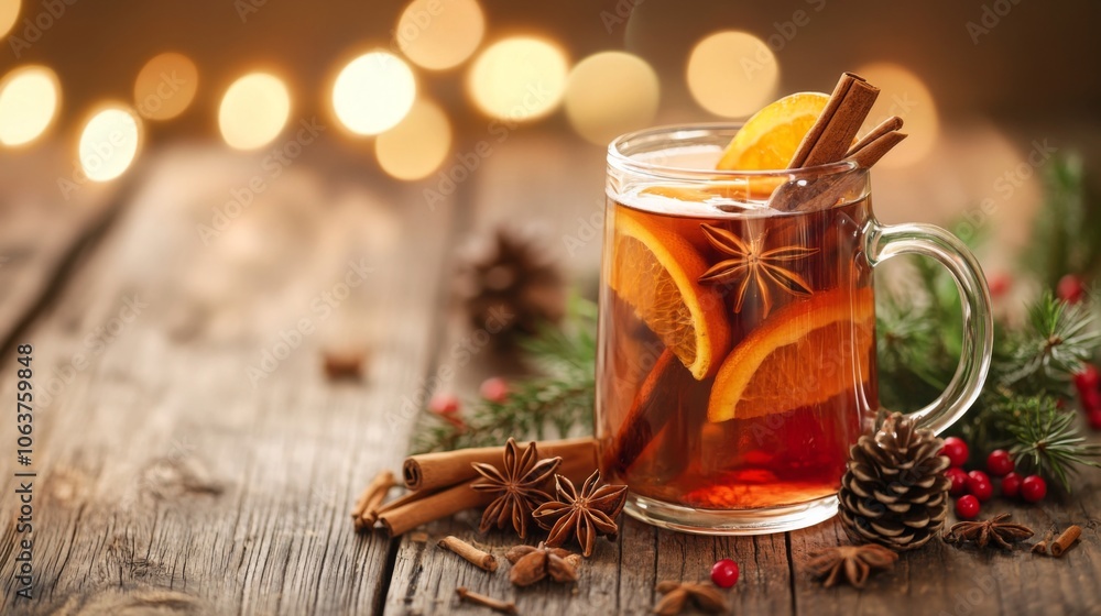 Festive Glass Mug of Mulled Wine with Spices and Orange Garnish on Rustic Wooden Table with Holiday Decor Festive Glass Mug of Mulled Wine with Spices and Orange Garnish on Rustic Wooden Table with Holiday Decor