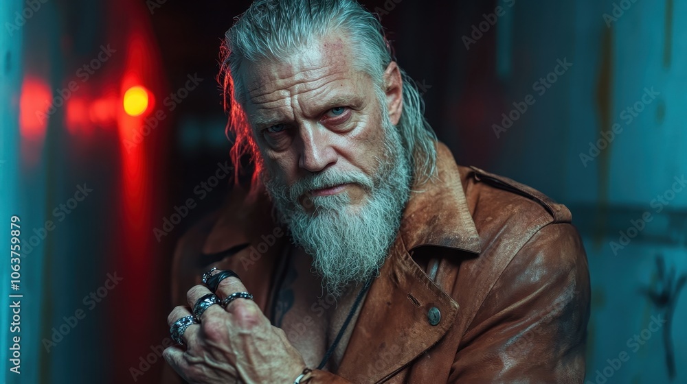 A rugged elderly man with a gray beard wearing a brown leather jacket is posing intensely, evoking a sense of strength and resilience in a dimly lit environment. A rugged elderly man with a gray beard wearing a brown leather jacket is posing intensely, evoking a sense of strength and resilience in a dimly lit environment.
