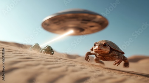 Two turtles are seen scurrying across the desert sands, fleeing an ominous UFO beam in a whimsical scene that blends nature with surreal and extraterrestrial elements. photo