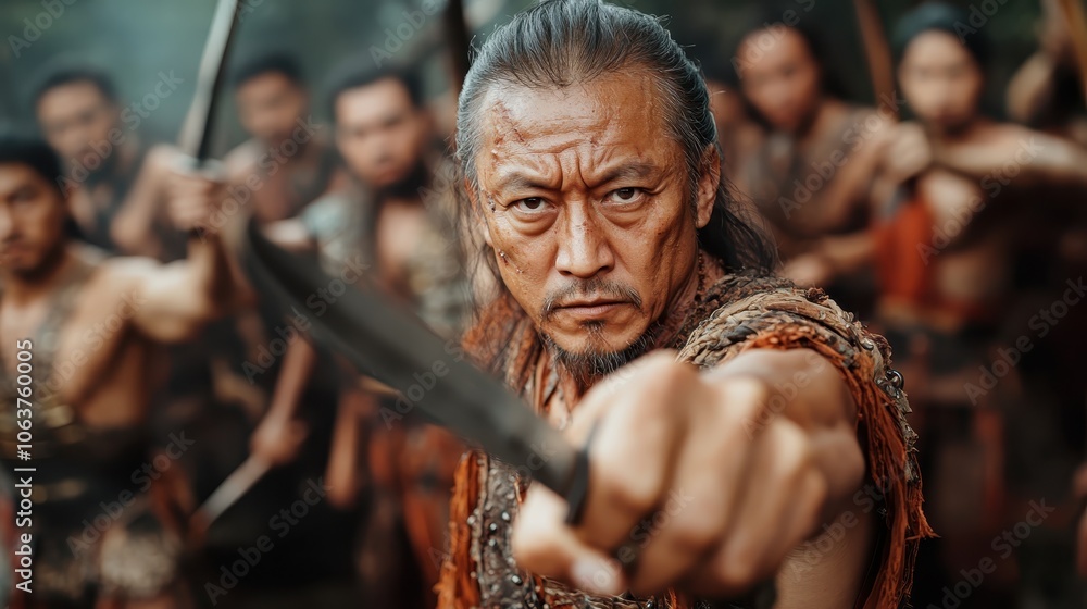 An intense warrior with a fierce expression and blade leads a group in battle, wearing ancient styled clothing, capturing determination and strength in action.