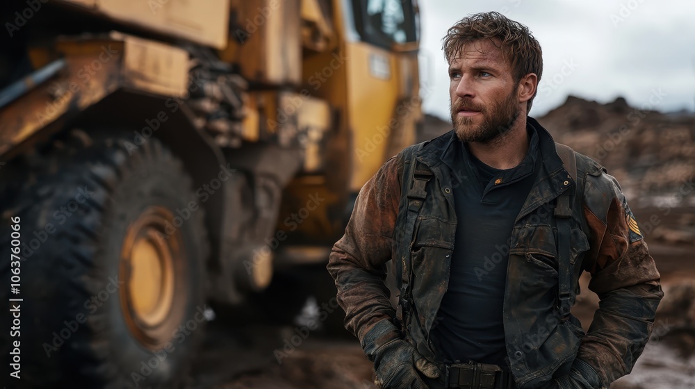 A rugged, determined construction worker stands confidently beside large earth-moving machinery, embodying strength and resilience at a dynamic construction site. A rugged, determined construction worker stands confidently beside large earth-moving machinery, embodying strength and resilience at a dynamic construction site.
