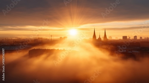 A glowing sunrise over a foggy urban landscape highlights silhouetted spires and distant skylines, creating a scene of renewal and tranquil beauty.