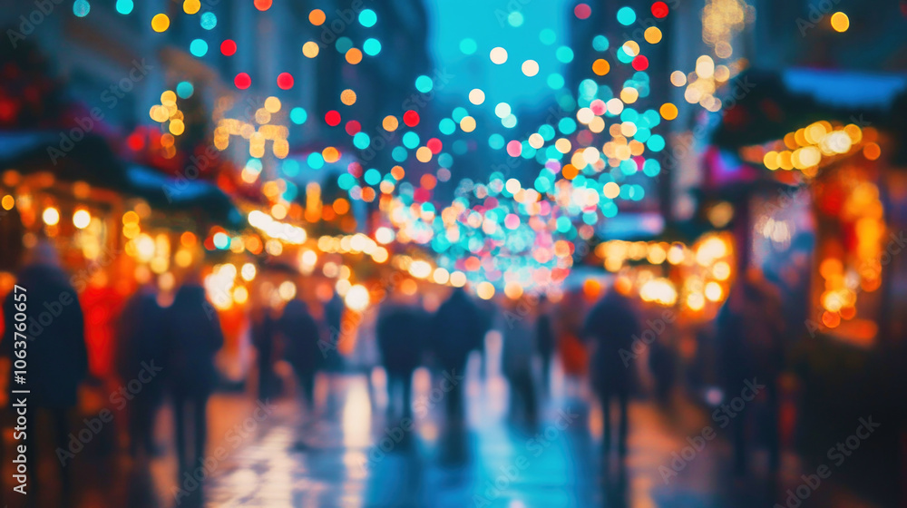 Fototapeta premium Festive Christmas fair with colorful lights and bustling crowd on a winter street