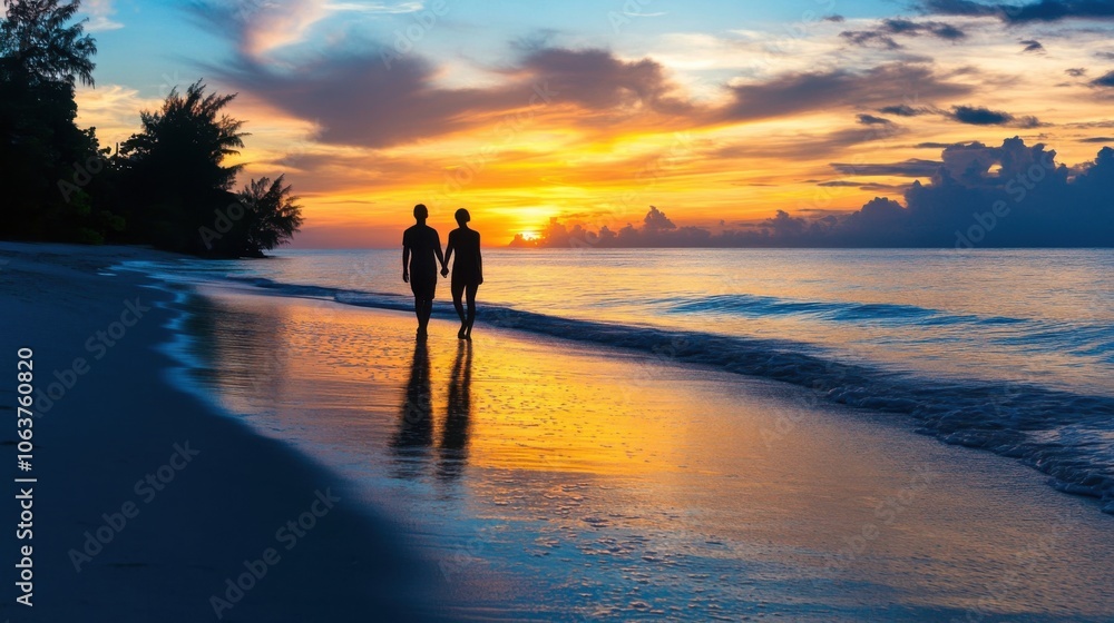 A couple strolls along the sunrise coastline, their silhouettes glowing against the dawn
