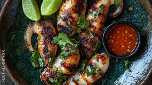 Grilled Squid with Cilantro and Lime Wedges