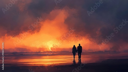 A couple strolls along the sunrise coastline, their silhouettes glowing against