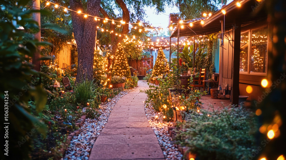 Blurry Christmas evening in a backyard with illuminated garden path and festive decorations Blurry Christmas evening in a backyard with illuminated garden path and festive decorations