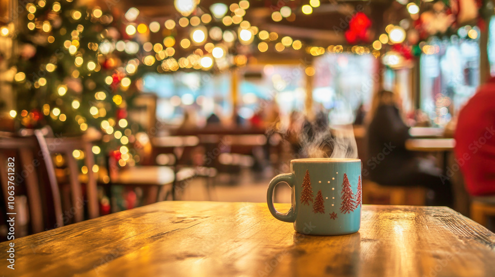 Cozy coffee house atmosphere featuring a steaming mug and festive decorations Cozy coffee house atmosphere featuring a steaming mug and festive decorations