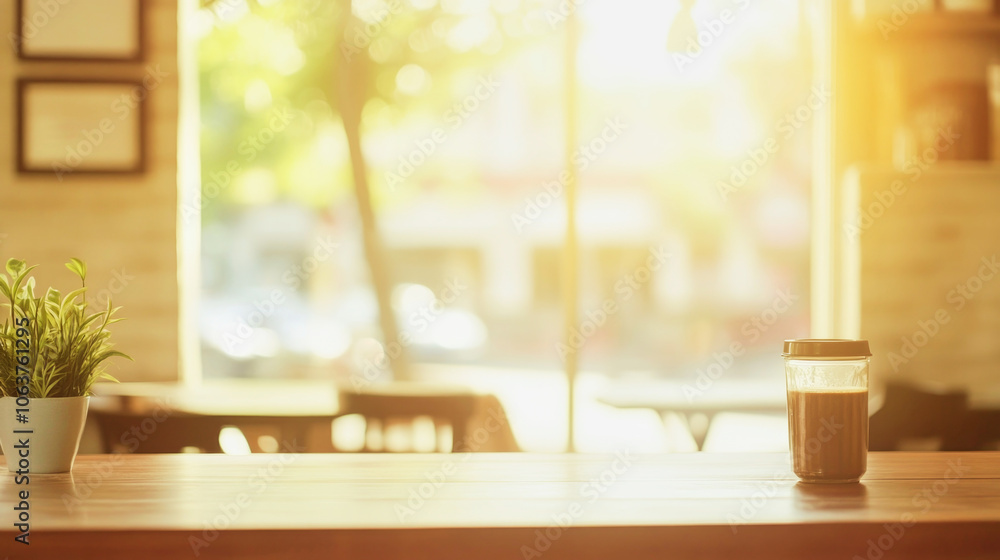 Cozy coffee house interior with morning sunlight and a warm beverage on a wooden table Cozy coffee house interior with morning sunlight and a warm beverage on a wooden table