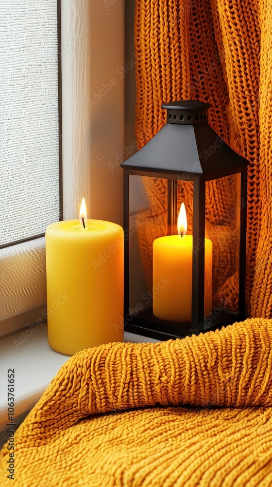 Cozy atmosphere with yellow candles and warm knitted blanket by the window, creating a relaxing vibe. Cozy atmosphere with yellow candles and warm knitted blanket by the window, creating a relaxing vibe.