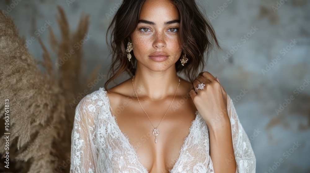Portrait of an elegant woman in a delicate lace dress, adorned with luxurious jewelry, exuding sophistication and beauty against a soft, muted background. Portrait of an elegant woman in a delicate lace dress, adorned with luxurious jewelry, exuding sophistication and beauty against a soft, muted background.