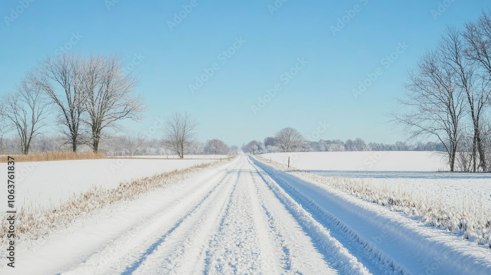 Deserted country road blanketed in fresh snow under a clear blue sky Deserted country road blanketed in fresh snow under a clear blue sky