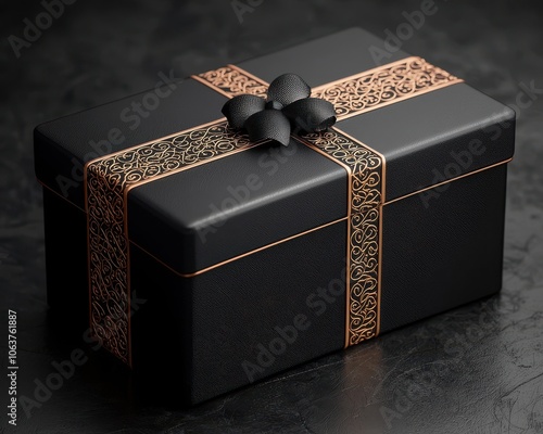 Elegant black gift box with intricate gold design and decorative bow on dark background. photo