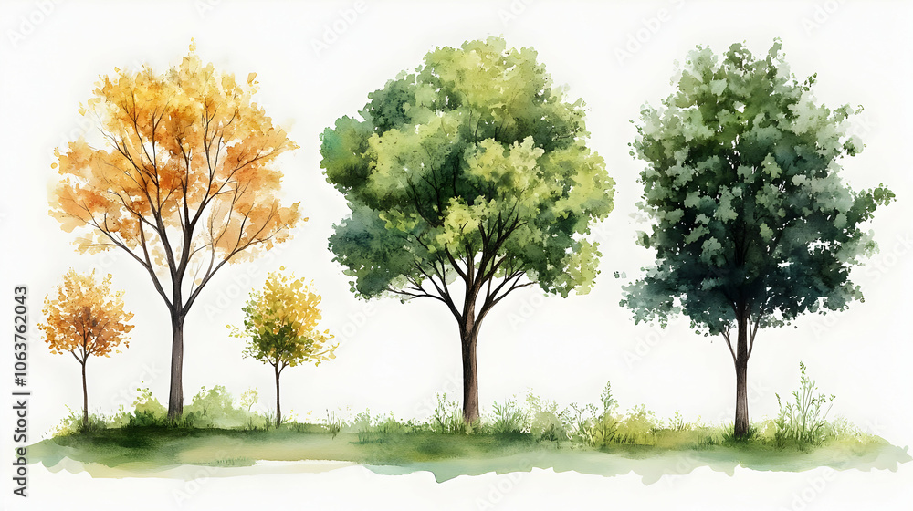 Fototapeta premium Watercolor Illustration of Four Trees