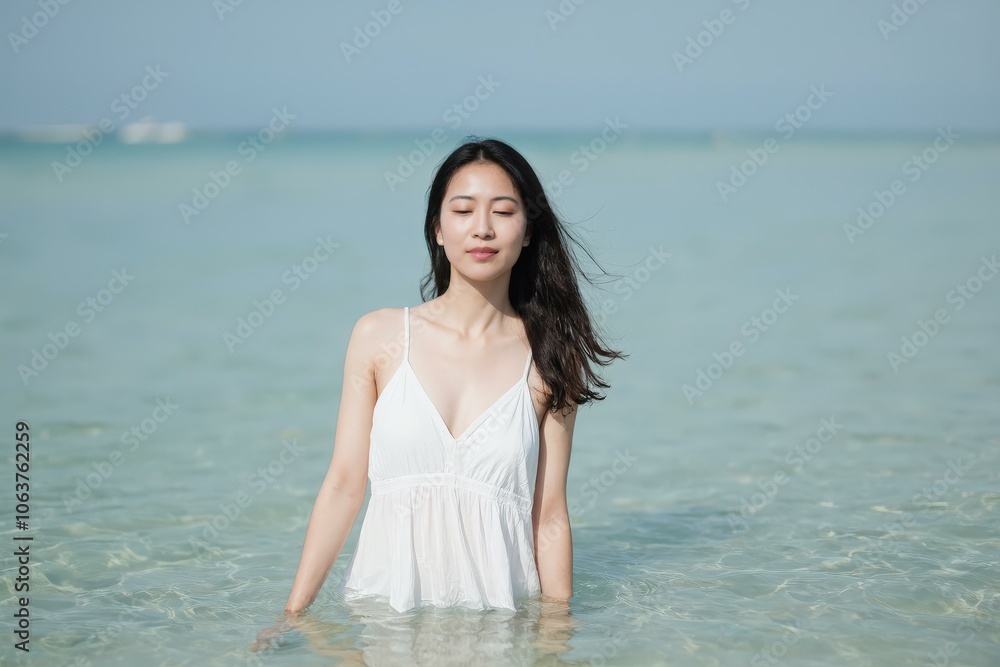 Serene Beach Scene Woman Standing in Calm Waters Under Clear Sky Tranquil Beauty Serene Beach Scene Woman Standing in Calm Waters Under Clear Sky Tranquil Beauty