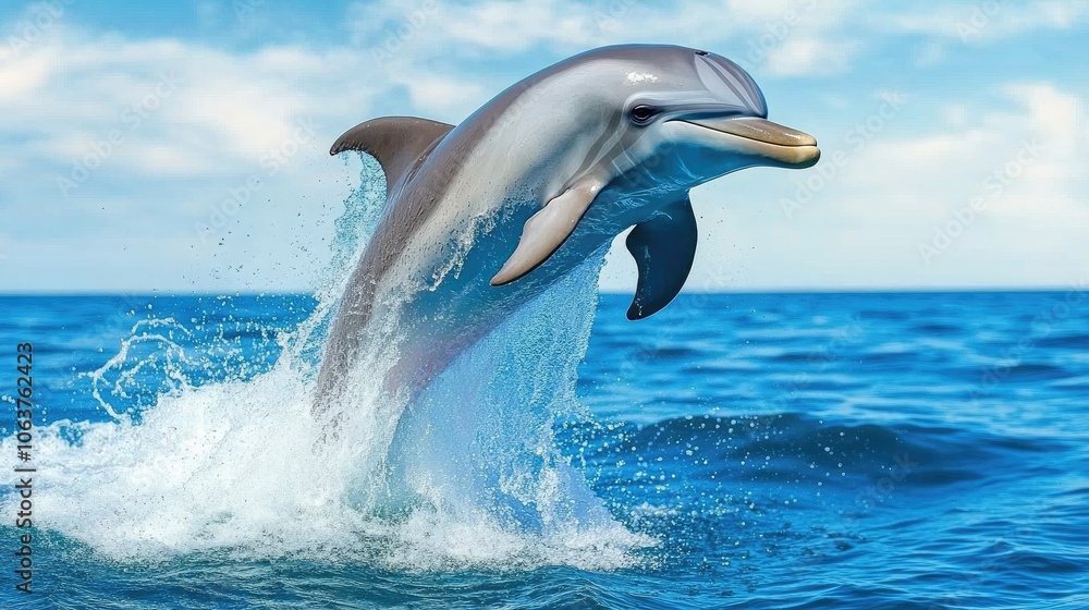 Fototapeta premium Dolphin Leaping Over Ocean Waves in Bright Sky