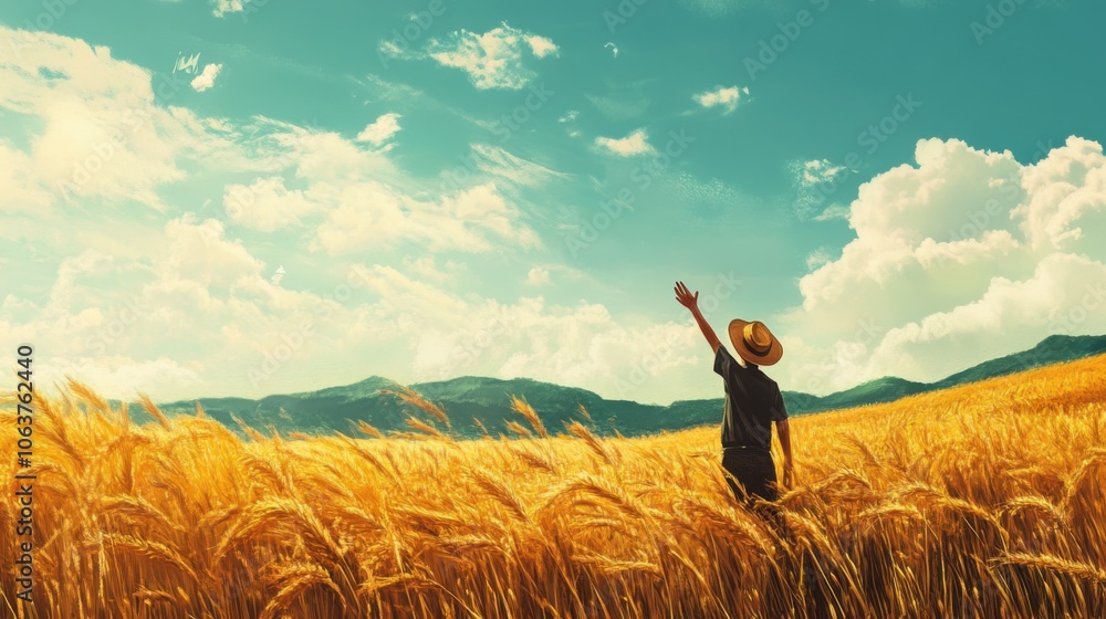 A farmer harvests in golden fields, waving to visitors who admire A farmer harvests in golden fields, waving to visitors who admire