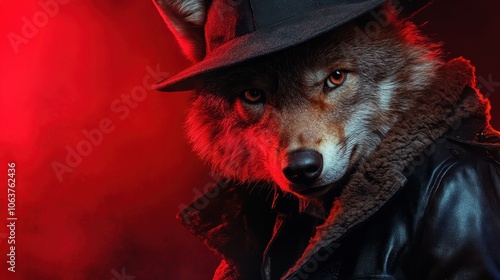 A surreal image of a fox wearing a stylish hat and coat, set against an intense red backdrop, exuding mystery and charm in a fantastical manner. photo