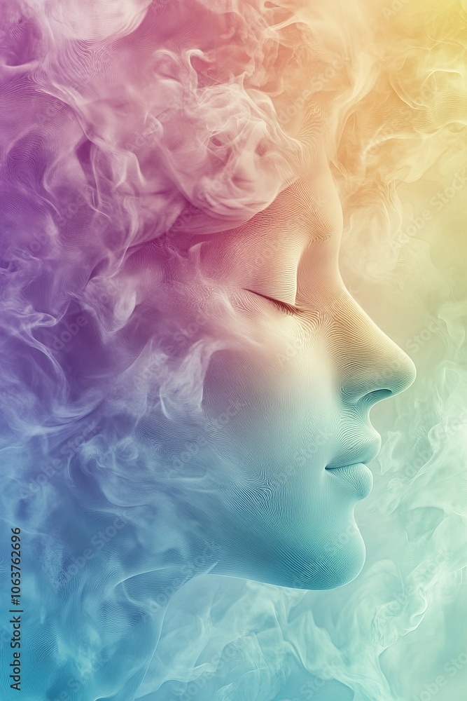 A serene profile view of a feminine face enveloped in vibrant smoke, evoking tranquility and mystique. A serene profile view of a feminine face enveloped in vibrant smoke, evoking tranquility and mystique.