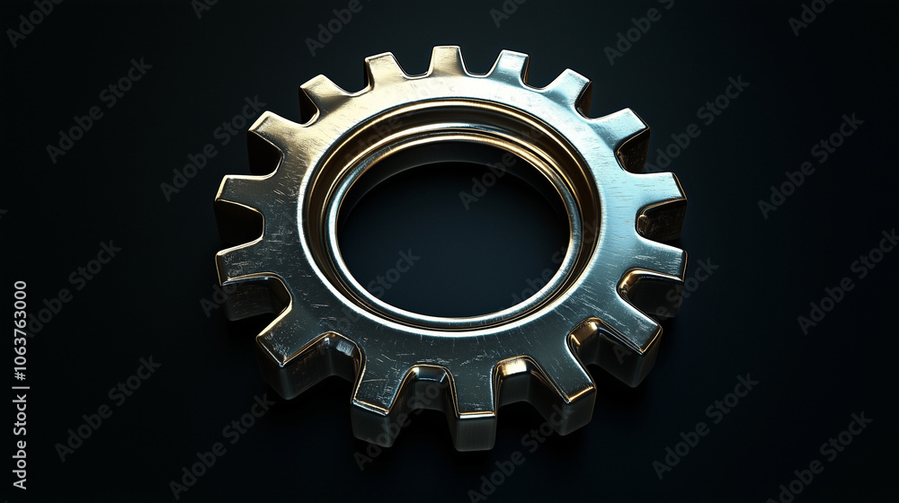 A shiny metallic gear or cogwheel photographed on a dark background, representing themes of industry, mechanics, and technology. Trendy industrial image design. A shiny metallic gear or cogwheel photographed on a dark background, representing themes of industry, mechanics, and technology. Trendy industrial image design.