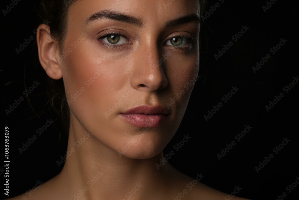 Fototapeta premium A Woman's Portraiture in Shadowy Serenity: Capturing Her Green Gaze and Quiet Intensity with Soft Lighting and Elegance