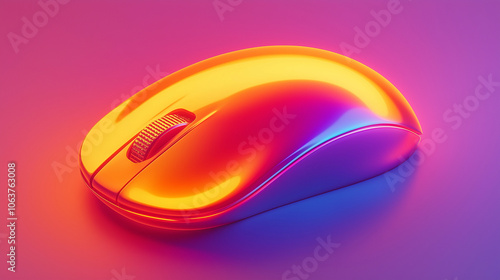 A sleek, futuristic computer mouse featuring glowing vibrant colors, including orange, yellow, and purple hues, set against a gradient background. Modern image design.