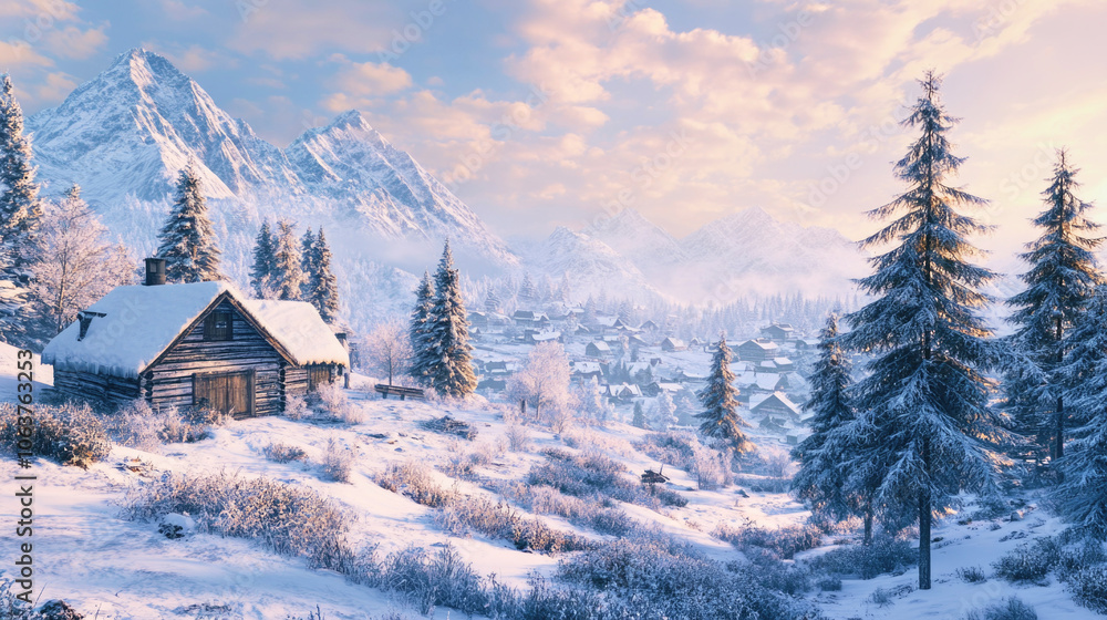 A peaceful winter morning in the snowy mountains with a quaint village in the distance A peaceful winter morning in the snowy mountains with a quaint village in the distance