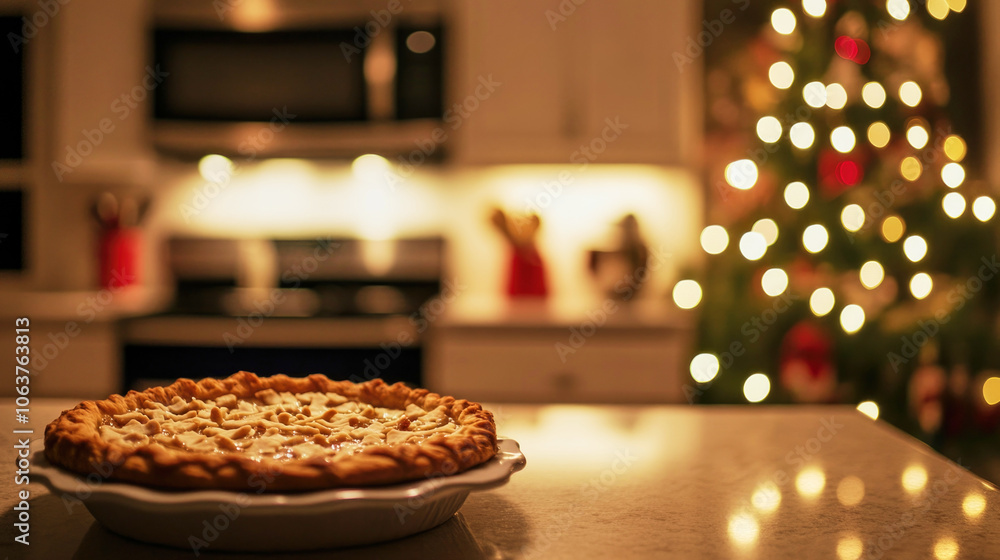 A festive kitchen with a Christmas pie and twinkling holiday lights in the background A festive kitchen with a Christmas pie and twinkling holiday lights in the background