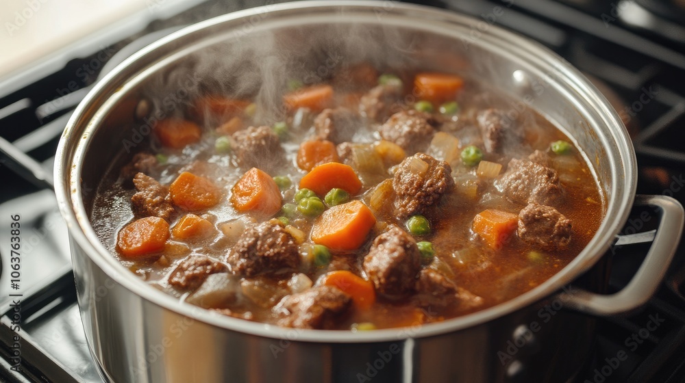 Hearty Beef Stew Cooking in a Silver Pot Hearty Beef Stew Cooking in a Silver Pot
