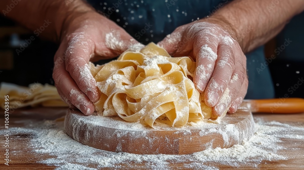 A pair of hands skillfully crafts fresh pasta, dusting flour elegantly on a wooden board, capturing the essence of traditional cooking, craftsmanship, and comfort. A pair of hands skillfully crafts fresh pasta, dusting flour elegantly on a wooden board, capturing the essence of traditional cooking, craftsmanship, and comfort.