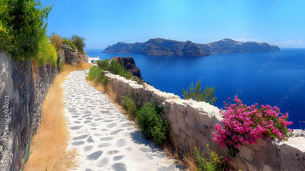 Obraz premium Stone Path Leading to a Cliffside View of the Ocean - Illustration