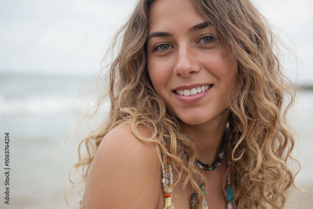 Smiling young woman with curly blonde hair enjoying serene beach atmosphere, wearing vibrant necklace. Smiling young woman with curly blonde hair enjoying serene beach atmosphere, wearing vibrant necklace.