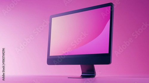 A sleek and modern computer monitor sits against a pink backdrop, offering a minimalist design that complements its thin, elegant frame creating a soft ambiance.