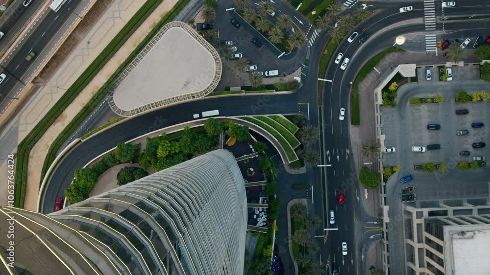 Traffic Cars Above High Skyscraper Hotel In The City Traffic Cars Above High Skyscraper Hotel In The City