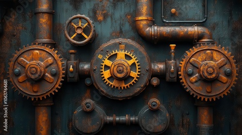 rusty steampunk machinery texture with intricate gears and pipes set against a grungy wall showcasing the beauty of mechanical design and vintage aesthetics in a richly atmospheric environment