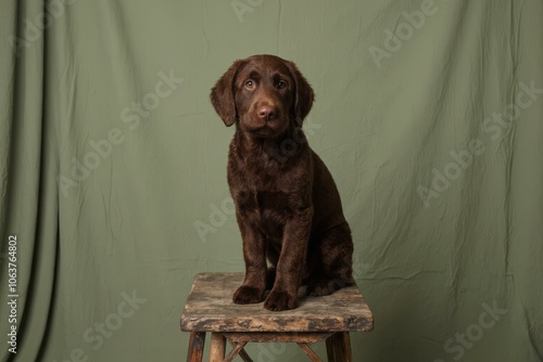 Delightful Chocolate Lab Puppy Posing Adorably on Rustic Wooden Stool Before Soft Green Background photo