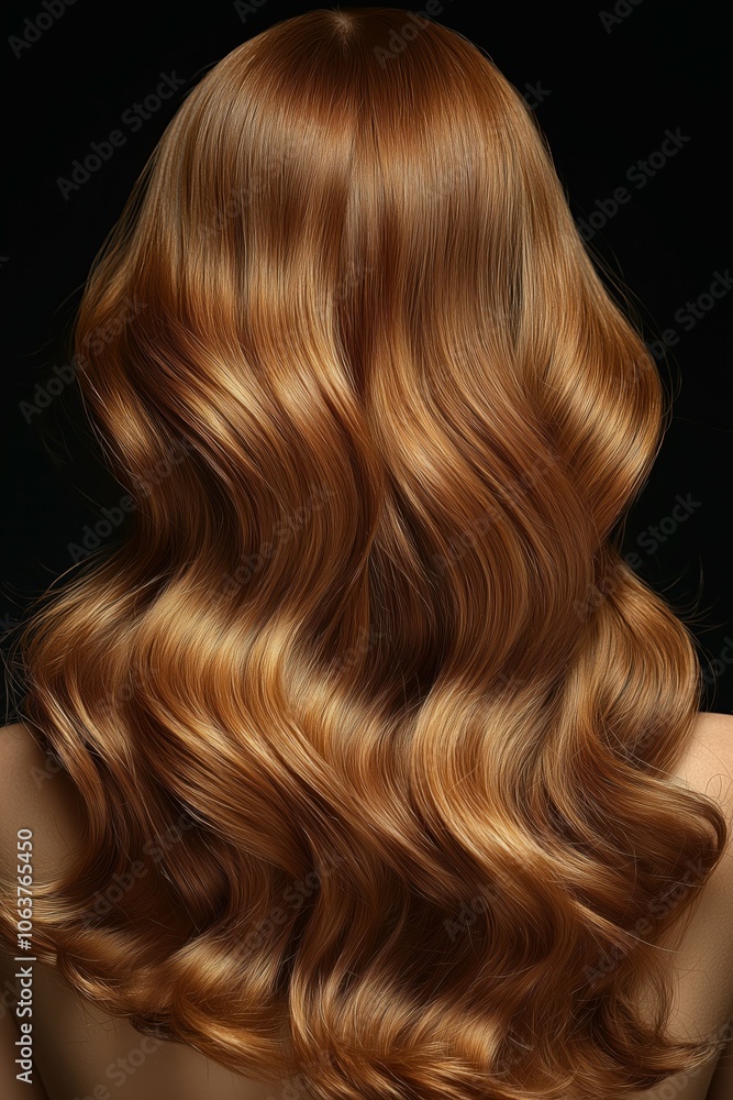 Fototapeta premium Glossy light brown hair in wavy strands, dark background.