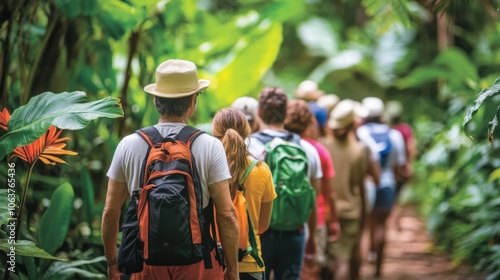 A guide leads a group through tropical jungles, pointing out rare plants and birds.