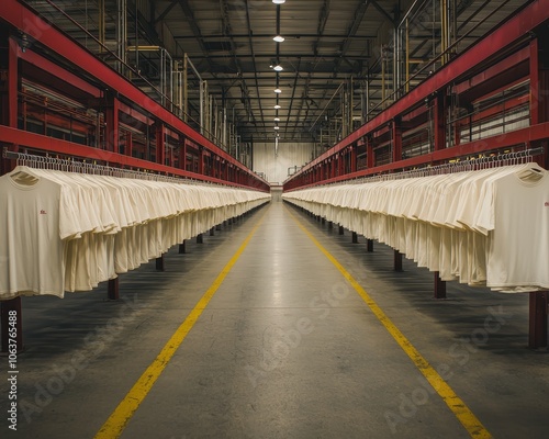 Warehouse interior with rows of hanging white t-shirts, showcasing textile production and organization. photo