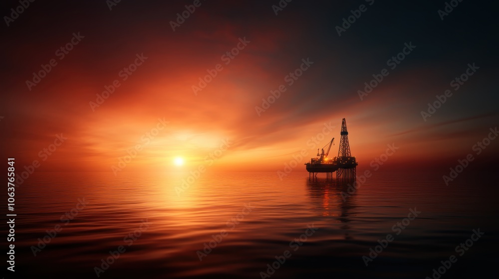 An offshore oil rig silhouetted during a vibrant sunset, casting a dramatic reflection on the ocean surface; evokes solitude and industrial majesty. An offshore oil rig silhouetted during a vibrant sunset, casting a dramatic reflection on the ocean surface; evokes solitude and industrial majesty.